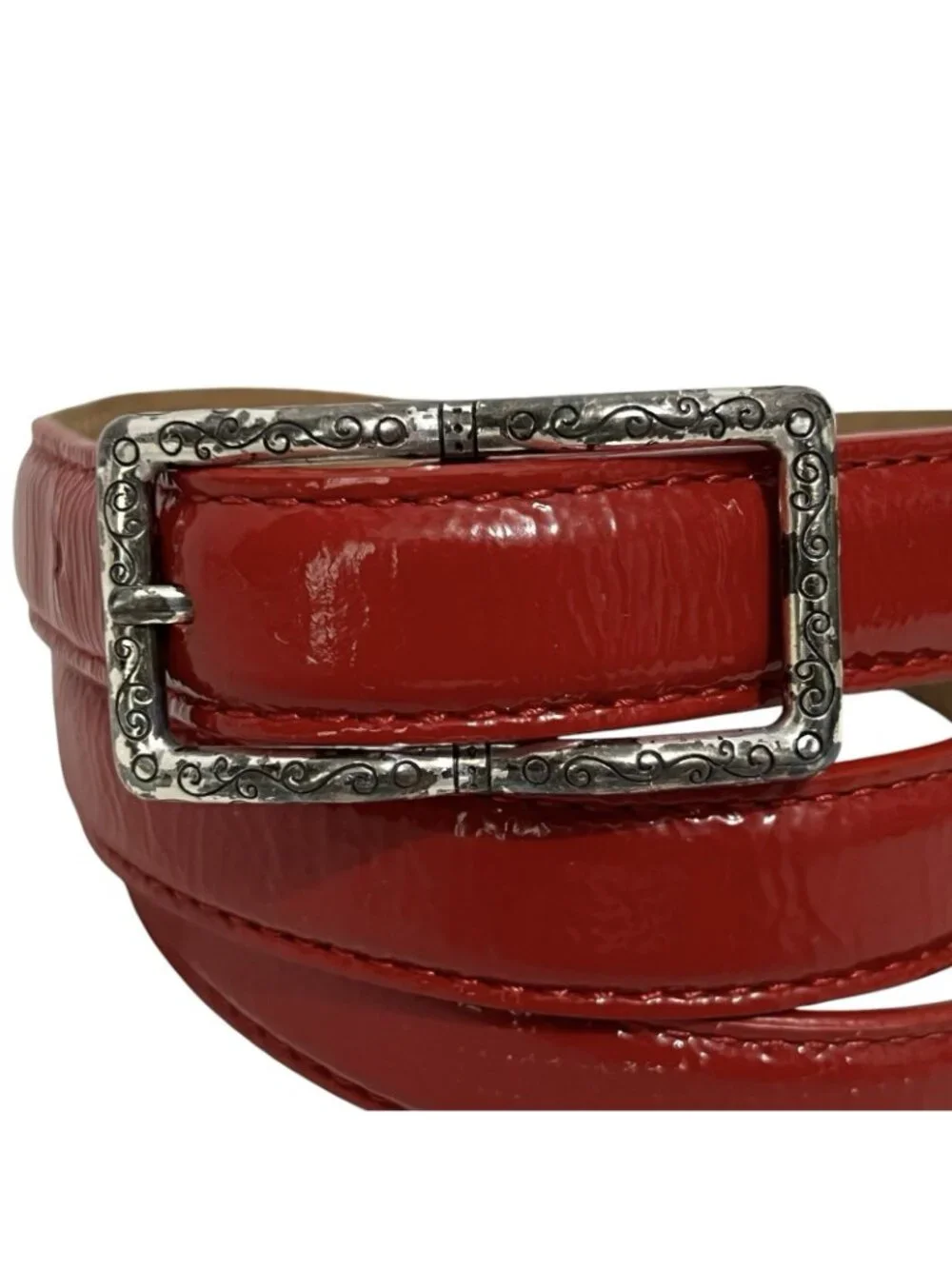 Brighton B31127 Red Patent Leather Belt Sz 34 Scroll Buckle USA Women’s 3/4”